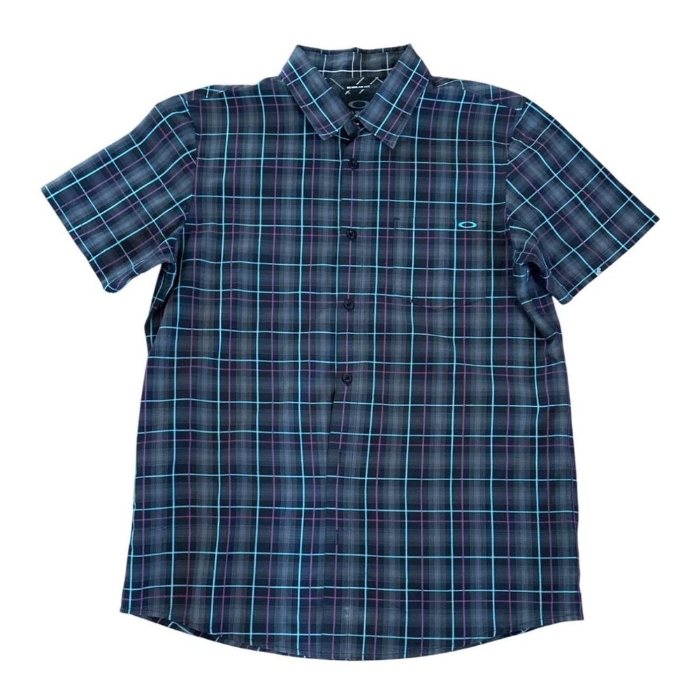Oakley Dress Shirt Mens Large Plaid Short Sleeve Button Up Blue Black Green